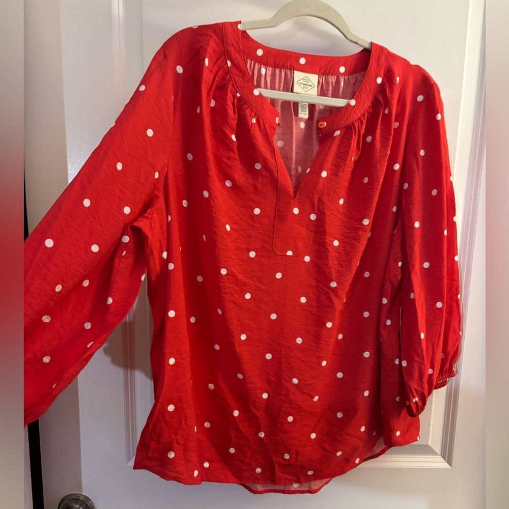 St John’s Bay Polka Dot Red Peasant Blouse - 3/4 Sleeve Sz XL NWT